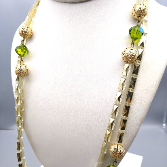 Lightweight Vintage Sparkle Necklace, Unique Gilded Beads with Green Lucite - Picture 4 of 5